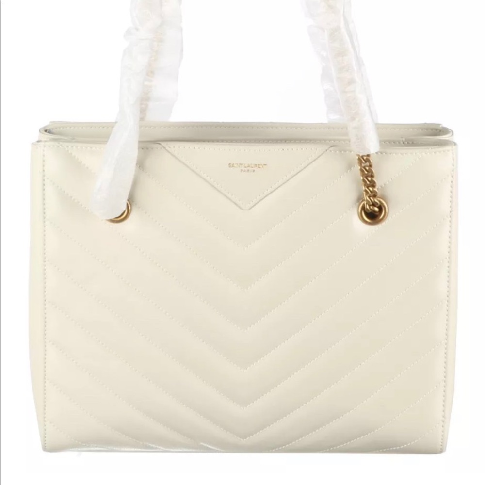SAINT LAURENT White Chevron Tribeca Shopping Bag